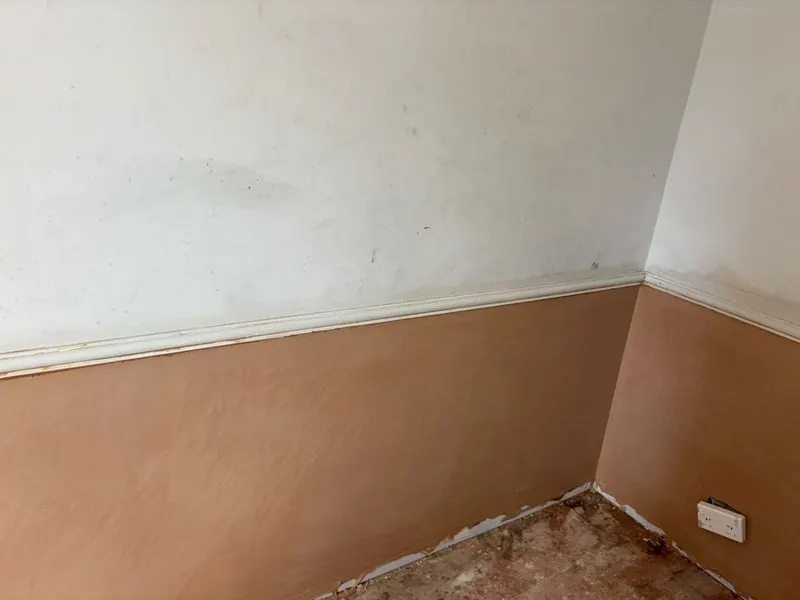 A room corner replastered to a smooth finish after damp treatment